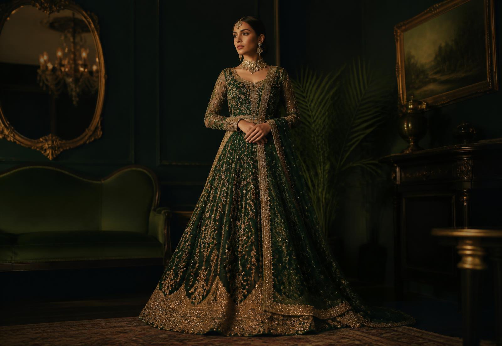 Model wearing an elegant embroidered emerald Pakistani outfit