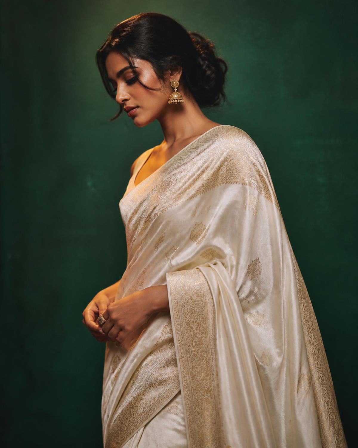 The signature Banoo Boutique piece — emerald silk with antique gold zardozi